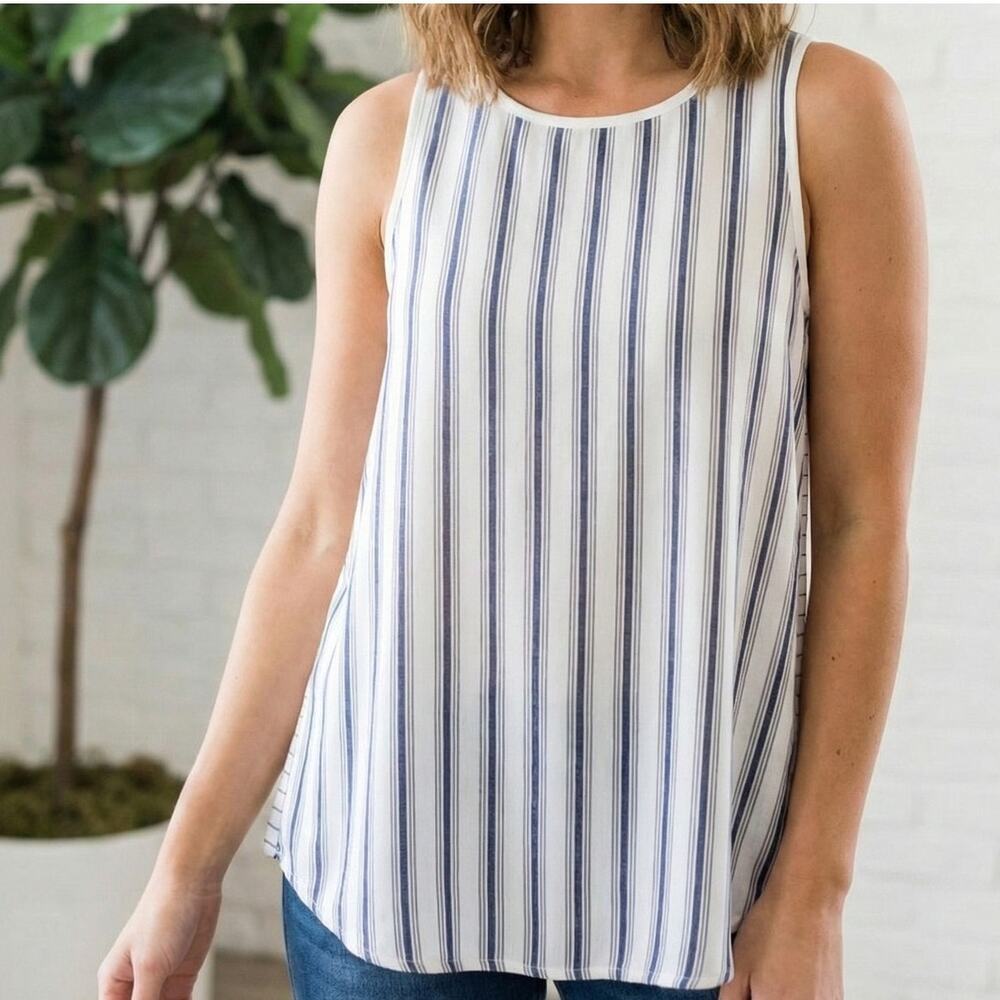 Ann Taylor LOFT Small Sleeveless Top Blue White Stripe Keyhole Back